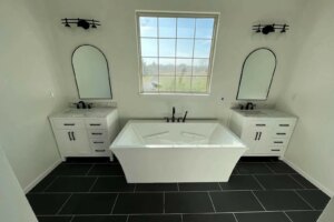Modern bathroom with white walls and black tile