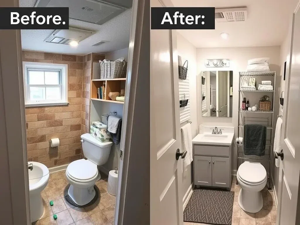 Before and after of a small bathroom remodel in Beavercreek showing space-saving solutions