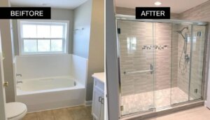 Before and after tub to shower conversion in Dayton home bathroom
