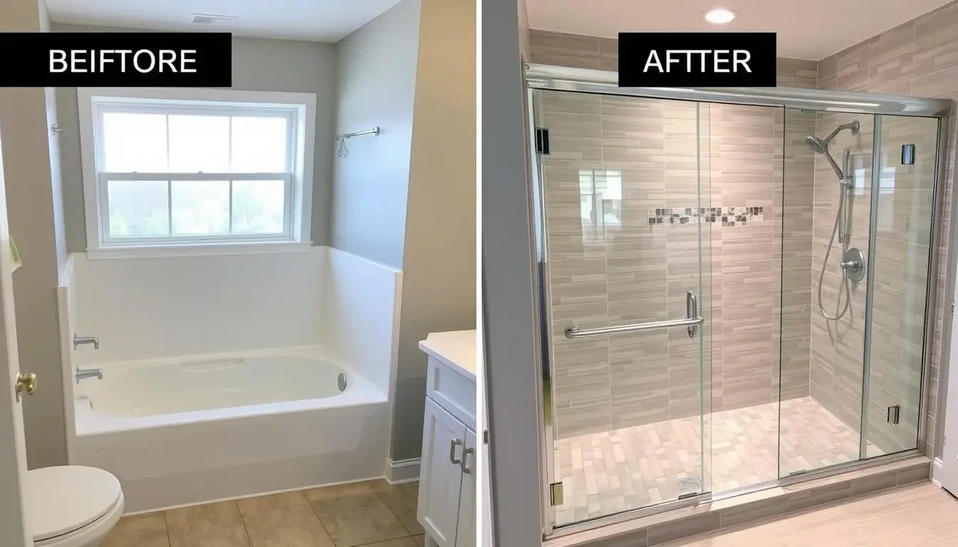 Before and after tub to shower conversion in Dayton home bathroom