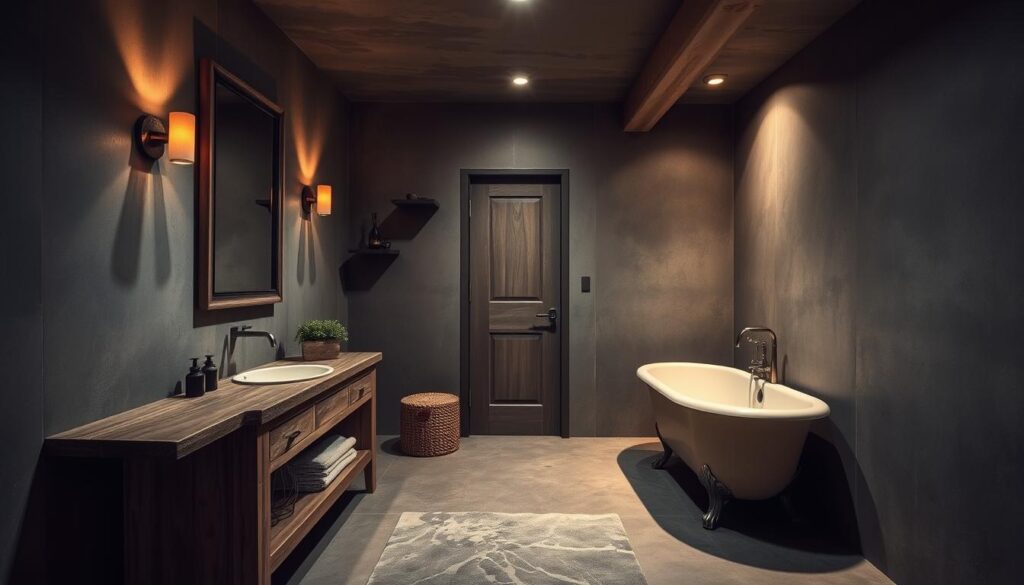 A dimly lit basement bathroom with warm, rustic finishes. The smooth, mottled concrete walls are complemented by weathered, distressed wooden accents on the vanity and shelving. Soft, muted lighting from sconces casts a cozy glow, while a large, vintage-inspired mirror reflects the scene. The polished concrete floor leads to a clawfoot tub in the corner, its old-world charm juxtaposed with modern fixtures. The overall atmosphere is one of relaxed, understated elegance, evoking the feeling of a luxurious, yet welcoming, private retreat.