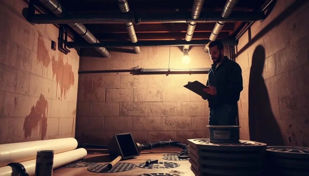 A dimly lit basement interior, with water-stained concrete walls and floors. A waterproofing contractor examines the space, making notes on a clipboard. Beams and pipes traverse the ceiling, casting long shadows. In the foreground, various waterproofing materials are neatly arranged - sealants, membranes, drainage systems. The lighting is warm, highlighting the aging infrastructure and the contractor's focused expression. The mood is one of assessment and problem-solving, capturing the challenges of basement waterproofing. The camera angle is slightly elevated, providing a comprehensive view of the space and the factors influencing the waterproofing cost.