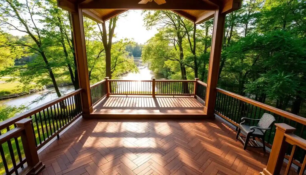 A meticulously designed custom deck in a serene Beavercreek setting. The focal point is a grand, elegant structure featuring intricate wooden patterns and a warm, inviting color palette that seamlessly blends with the lush, verdant surroundings. Sunlight filters through the canopy of trees, casting a gentle, golden glow and creating soft shadows that accentuate the deck's intricate details. The deck's harmonious integration with the natural landscape conveys a sense of tranquility and thoughtful craftsmanship. In the background, a picturesque view of the creek completes the serene, nature-inspired atmosphere.