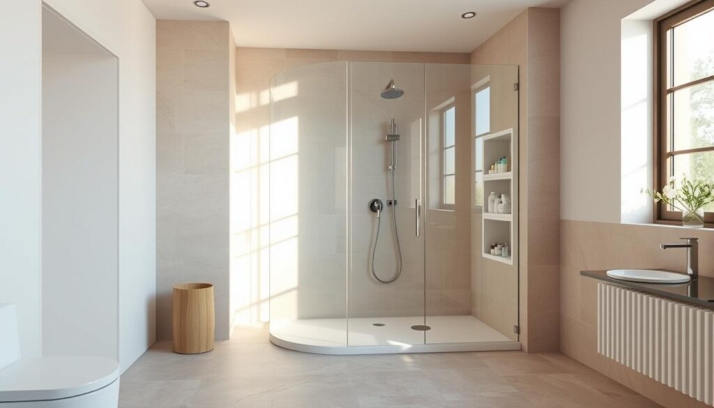 A modern, well-lit bathroom interior with a spacious, walk-in shower stall. The shower features a sleek, frameless glass enclosure, energy-efficient showerhead, and built-in shelves for eco-friendly bath products. The floor is covered in natural stone tiles, and the walls are finished with soothing, neutral-toned tiles. Sunlight streams in through a large window, casting a warm, natural glow throughout the space. Minimalist fixtures and modern decor elements create an overall atmosphere of simplicity and sustainability.