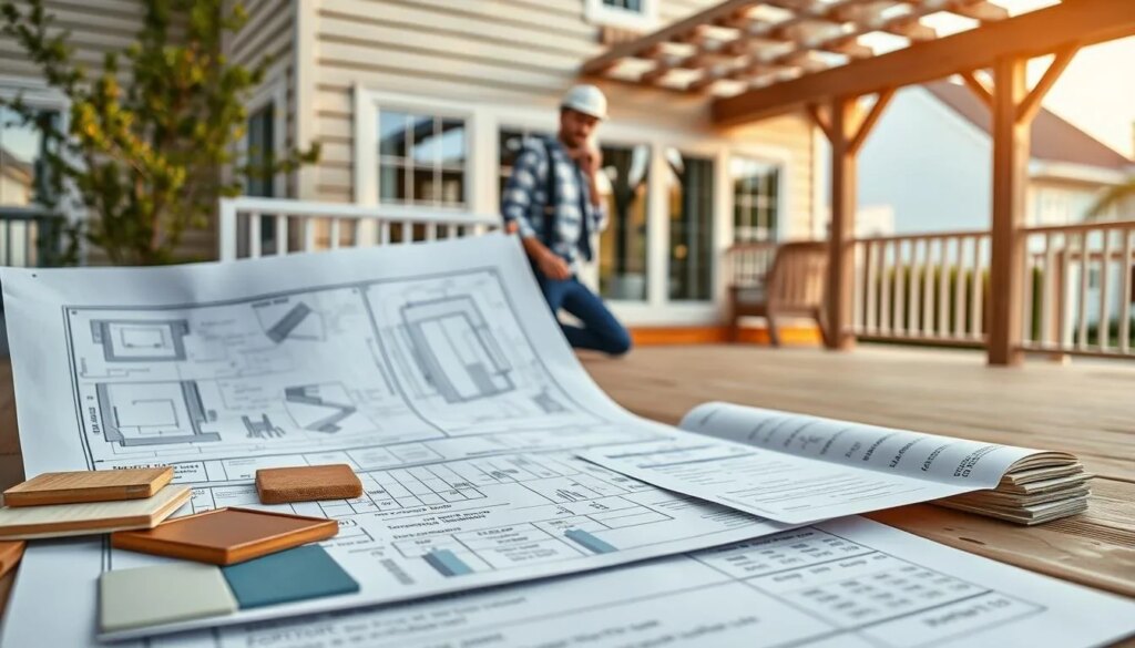 A neatly organized worksite showcasing the cost factors for comprehensive deck repair services. In the foreground, a detailed blueprint outlines the scope of work, with material samples and cost estimates arranged alongside. In the middle ground, a skilled contractor examines the deck's structure, noting areas requiring replacement or reinforcement. The background depicts the serene exterior of a well-maintained suburban home, suggesting the attention to detail and craftsmanship that goes into restoring a deck to its former glory. Warm lighting casts a welcoming glow, while a slight depth of field emphasizes the focal points. The overall scene conveys the professionalism, expertise, and attention to cost transparency essential for successful deck repair projects.