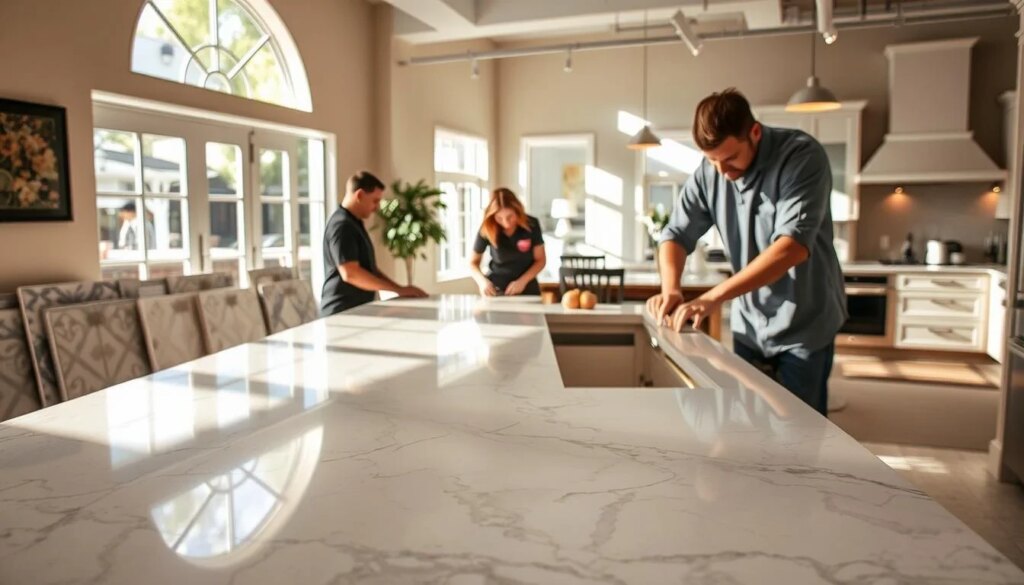 A sun-dappled showroom interior, showcasing a sleek quartz countertop installation in a warm, inviting setting. In the foreground, a team of skilled local installers, attentive and professional, carefully measuring and fitting the gleaming surface. The middle ground features a range of quartz samples, each with a distinct pattern and hue, while the background depicts a tastefully appointed kitchen, hinting at the final, polished result. Soft, directional lighting casts subtle shadows, highlighting the natural beauty of the stone. A sense of expertise and attention to detail permeates the scene, capturing the essence of local quartz countertop installation services in Beavercreek.
