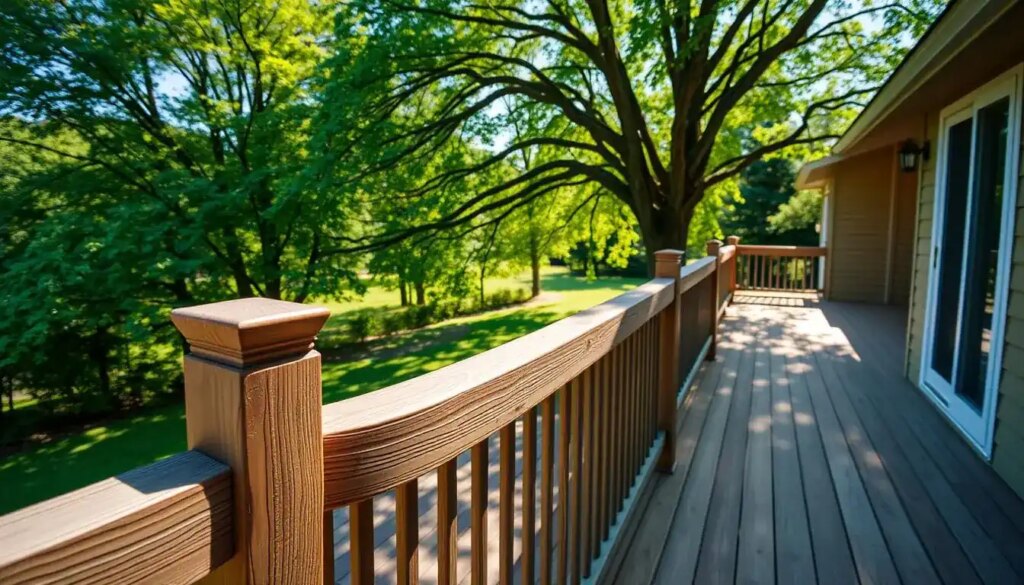 A sun-drenched deck nestled in the lush greenery of Beavercreek, Ohio. In the foreground, a weathered wooden railing with subtle curves and smooth contours, inviting visitors to lean and gaze out over the serene landscape. The middle ground features a spacious deck, its planks arranged in a harmonious geometric pattern, complementing the natural surroundings. In the background, a canopy of mature trees casts dappled shadows, creating a peaceful, nature-inspired ambiance. The lighting is warm and soft, reflecting the region's temperate climate. The angle captures the deck's integration with the home's architecture, showcasing how thoughtful design can seamlessly blend indoor and outdoor living spaces.
