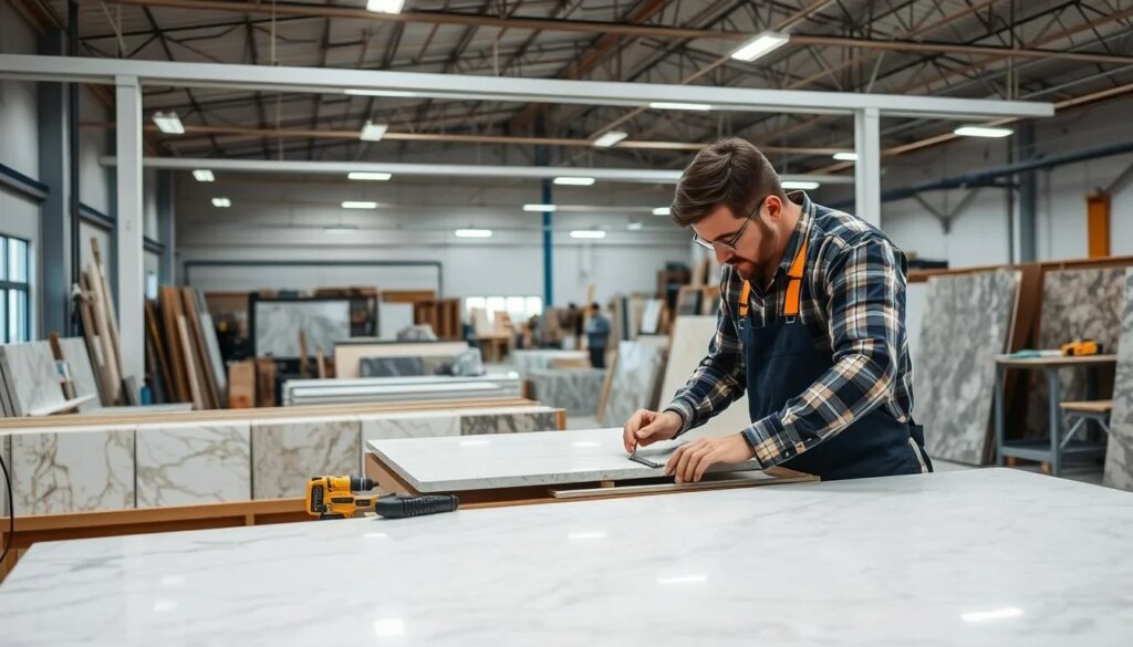 A well-equipped workshop in Beavercreek, Ohio, with a quartz countertop contractor working diligently. The foreground features the contractor carefully measuring and inspecting a slab of pristine quartz, their tools neatly arranged nearby. The middle ground showcases an array of quartz samples in a variety of colors and patterns, reflecting the contractor's expertise in material selection. The background depicts the workshop interior, with high ceilings, bright lighting, and a clean, organized workspace that conveys professionalism and attention to detail. The overall scene emanates a sense of precision, craftsmanship, and the contractor's commitment to providing high-quality quartz countertop installation services to the Beavercreek community.