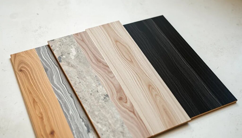A well-lit, high-quality close-up photograph of a variety of luxury vinyl plank (LVP) flooring samples, neatly arranged to showcase the diverse range of styles and finishes. The samples include a mix of wood-look, stone-look, and abstract patterns in various colors and textures, such as warm oak, cool gray, and sleek black. The samples are arranged on a clean, neutral surface, allowing the materials and their intricate details to be the main focus. Soft, directional lighting accentuates the depth, sheen, and realistic texture of the LVP samples, creating a visually appealing and informative representation of the available options.