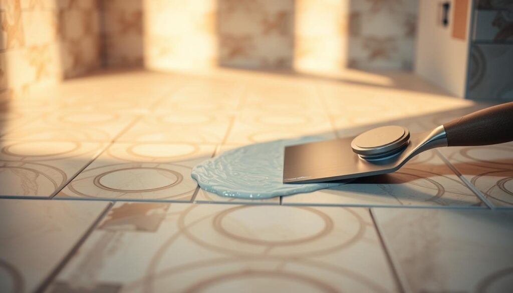 A well-lit, high-resolution image depicting the installation process of a heated bathroom floor. The foreground shows a close-up view of a trowel spreading a layer of adhesive over a tile surface, with the tiles themselves in the middle ground. The background features a partially tiled bathroom floor, showcasing the intricate patterns and textures of the tiles. Soft, warm lighting casts subtle shadows, creating a sense of depth and three-dimensionality. The overall composition conveys the precision and attention to detail required for a successful heated bathroom floor installation. A well-lit, high-resolution image depicting the installation process of a heated bathroom floor. The foreground shows a close-up view of a trowel spreading a layer of adhesive over a tile surface, with the tiles themselves in the middle ground. The background features a partially tiled bathroom floor, showcasing the intricate patterns and textures of the tiles. Soft, warm lighting casts subtle shadows, creating a sense of depth and three-dimensionality. The overall composition conveys the precision and attention to detail required for a successful heated bathroom floor installation.