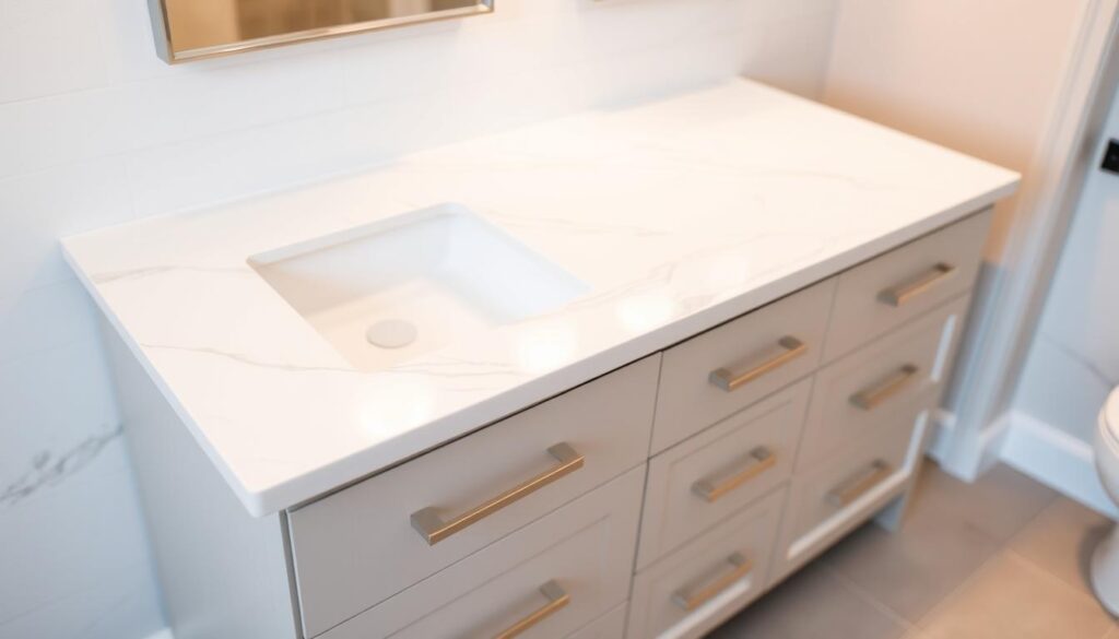 A well-lit, high-resolution image of a sleek, modern quartz countertop in a spacious bathroom vanity setting in Beavercreek. The countertop is a pristine white with subtle gray veining, reflecting the soft lighting from overhead fixtures. The vanity cabinet is a complementary neutral tone, providing a harmonious contrast. The scene exudes a sense of minimalist elegance, with clean lines and a clutter-free layout showcasing the beauty of the custom-designed countertop. The perspective is slightly angled, capturing the depth and dimension of the vanity and surrounding tiles. The overall atmosphere is one of sophistication and timeless style.