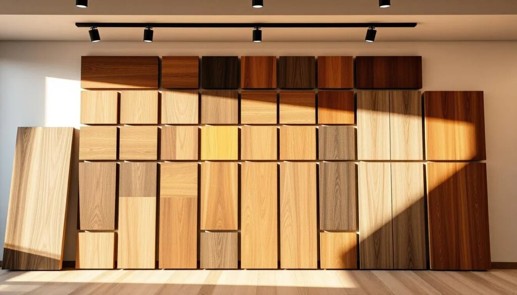 A well-lit, high-resolution image of various composite decking color samples displayed in a sleek, modern showroom setting. The samples are arranged in an appealing grid formation, showcasing a range of natural wood tones, earthy hues, and striking contemporary colors. The lighting is warm and directional, casting subtle shadows that accentuate the texture and grain of the materials. The background is a clean, minimalist backdrop, allowing the decking colors to take center stage. The overall composition is visually balanced and aesthetically pleasing, providing a clear and informative representation of the available color choices for luxury vinyl plank flooring.