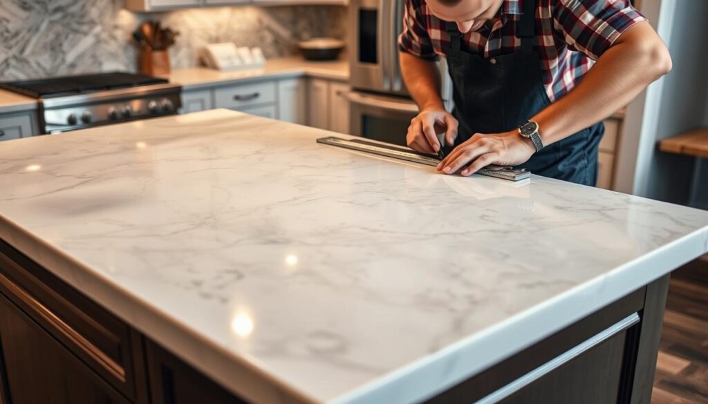 A well-lit kitchen countertop installation scene in Beavercreek, Ohio. A skilled contractor carefully measuring and cutting a large slab of gleaming quartz, the smooth surface reflecting the warm lighting. Detailed shots of the contractor's hands and tools, as they meticulously fit and secure the countertop onto the sturdy kitchen island. The background blurred, focused on the intricate process, conveying the expertise and care required for a high-quality installation. The overall atmosphere is one of professionalism, precision, and pride in craftsmanship.