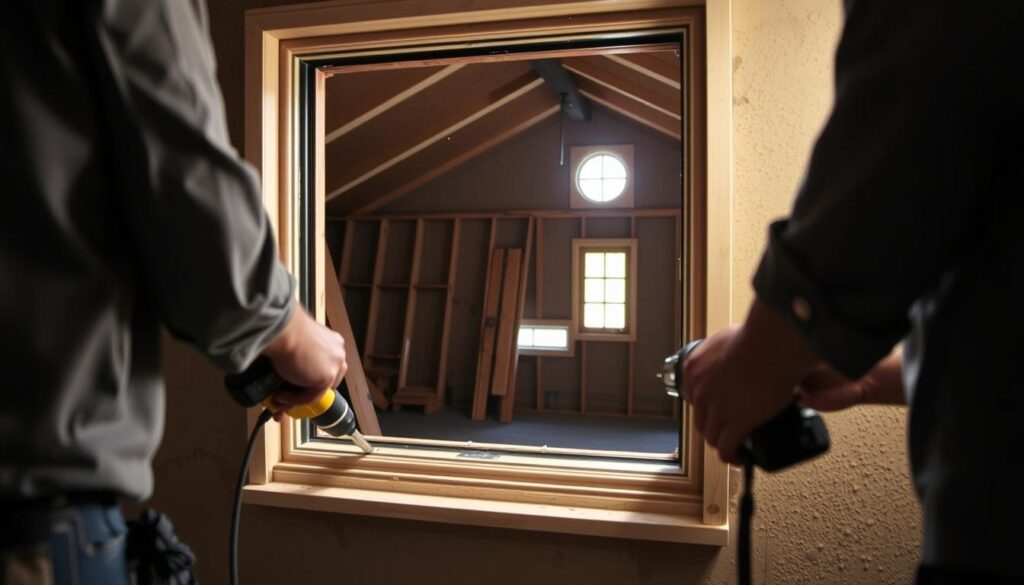 A well-lit, professional-quality image of an egress window installation in progress. In the foreground, workers meticulously measure and cut the window frame, their hands expertly handling power tools. In the middle ground, the partially installed window opening reveals the basement interior, hinting at the transformation to come. The background showcases the exterior of the home, with natural light streaming in through the newly created aperture. The scene conveys a sense of precision, expertise, and the careful attention to detail required for a successful egress window installation project.