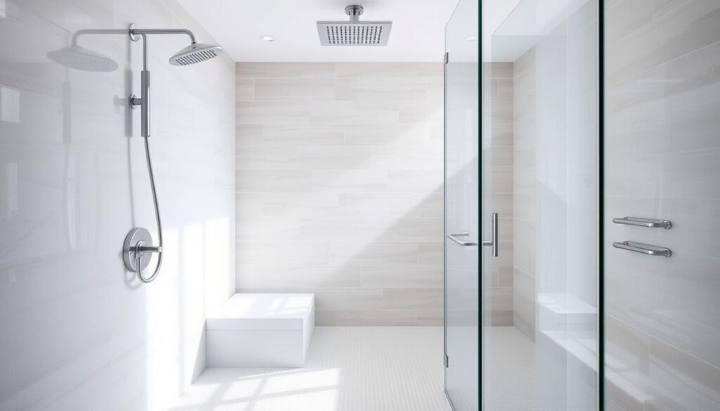 A well-lit, spacious walk-in shower with sleek, minimalist design. The foreground features an open shower space with a built-in bench, clean tile walls, and a modern rainfall showerhead. In the middle ground, a glass enclosure separates the shower area, allowing natural light to filter in. The background showcases a muted color palette, perhaps soft gray or beige tiles, complementing the serene and rejuvenating atmosphere. The lighting is bright yet diffused, creating a sense of clarity and freshness. The overall composition conveys a spa-like ambiance, ideal for showcasing maintenance tips for a walk-in shower.