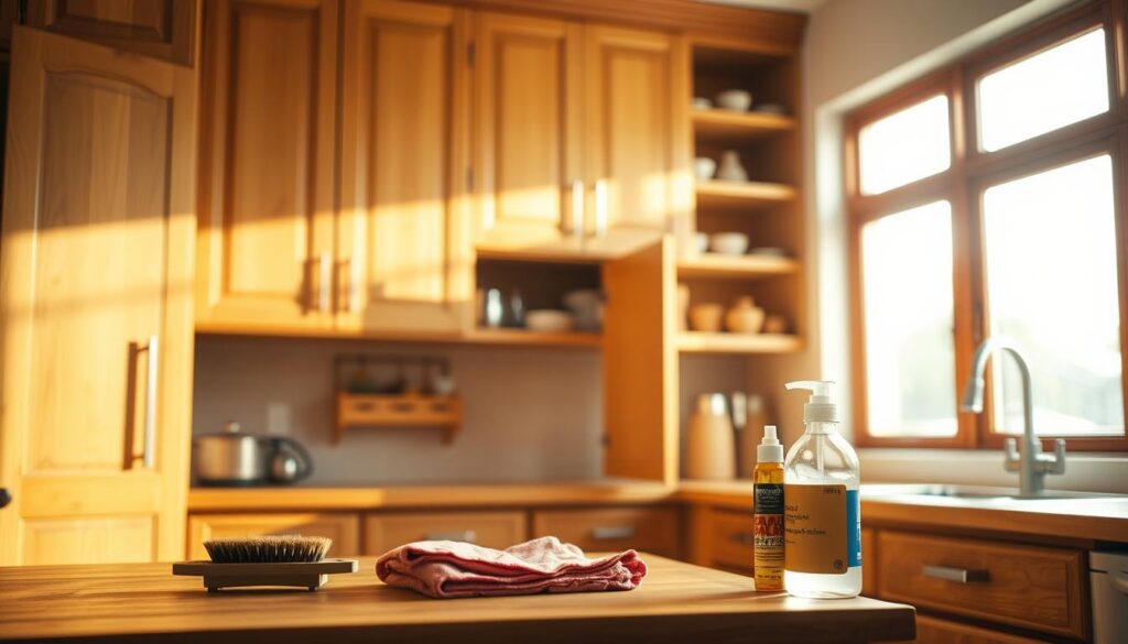 a well-organized kitchen with wooden cabinets, drawers, and shelves in a warm, inviting lighting. in the foreground, a set of cabinet maintenance tools including a small brush, a microfiber cloth, and a bottle of wood polish. in the middle ground, an open cabinet door revealing the interior shelves, neatly arranged with various kitchen items. in the background, a large window letting in natural sunlight, casting a soft, golden glow throughout the scene. the overall mood is one of simplicity, cleanliness, and attention to detail, reflecting the importance of proper cabinet maintenance.