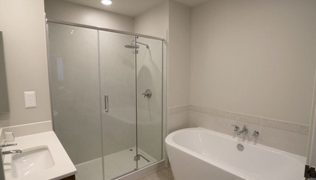 Completed bathroom remodel in Beavercreek showing shower and tub options