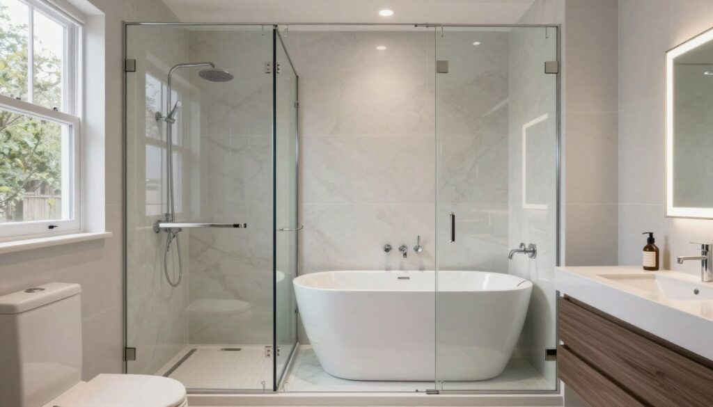 Innovative hybrid shower-tub solution in Beavercreek bathroom