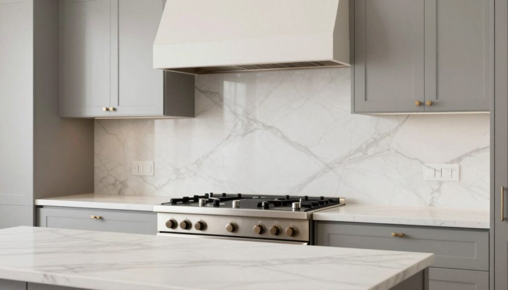 Kitchen with continuous slab backsplash matching the countertop in a Dayton home