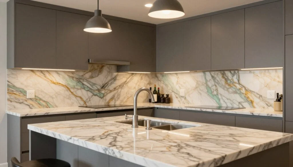 Kitchen with dramatic quartzite countertops and backsplash in a Dayton home