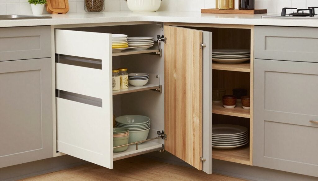 Kitchen with innovative storage solutions including pull-out pantry and specialized drawers