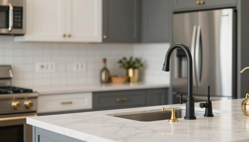 Kitchen with mixed metal finishes including brass, matte black, and stainless steel in a Dayton home