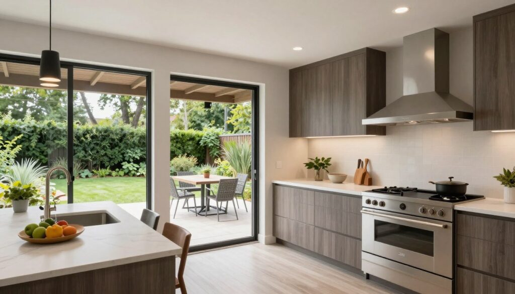 Kitchen with strong indoor-outdoor connection featuring large windows and access to outdoor dining in a Dayton home