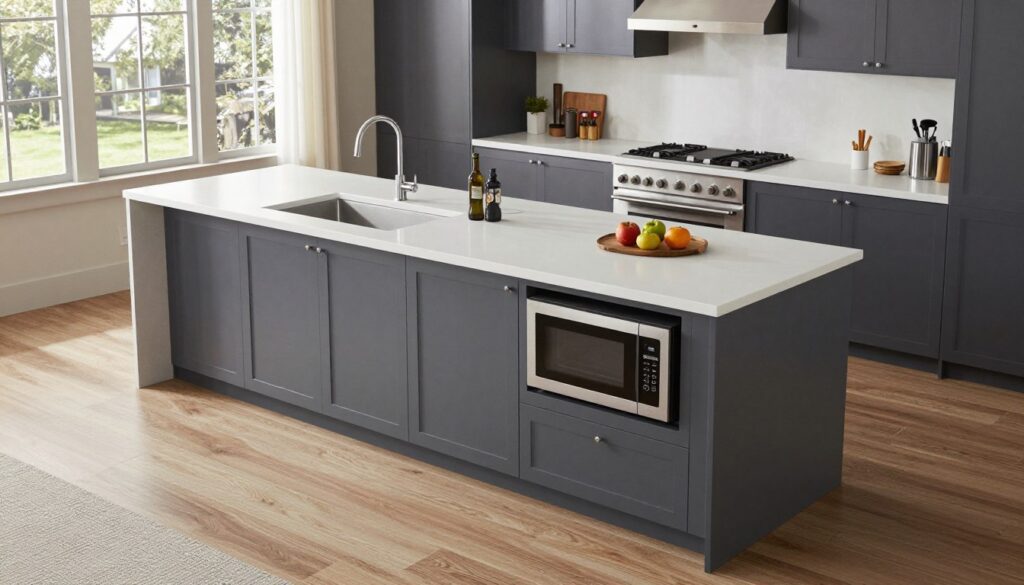 Large multi-functional kitchen island with seating, storage, and appliances in a Dayton home