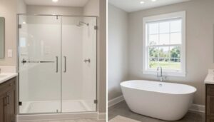 Modern bathroom with shower and tub options in Beaverceek home