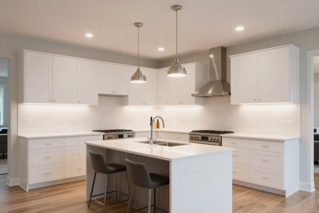 Modern kitchen lighting and flooring in Riverside, OH home