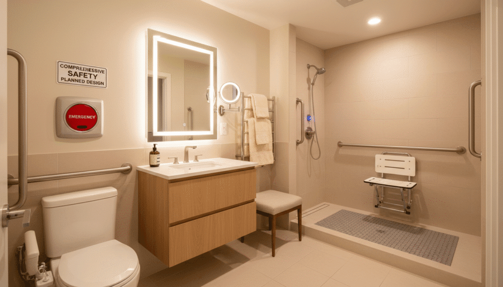 Accessible bathroom showing additional safety features and comfort elements