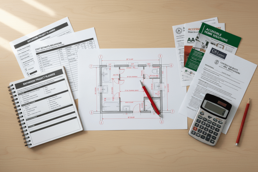 Budget planning documents and calculator for ADU bathroom project