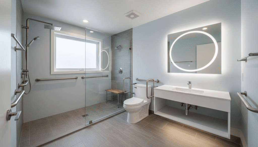Complete accessible ADU bathroom showing all recommended features