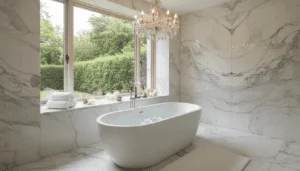 Luxury spa bathroom with soaking tub and chandelier