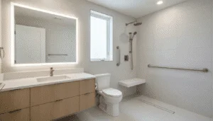 Modern ADU assisted bathroom features with grab bars and walk-in shower