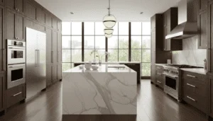 Modern luxury kitchen with waterfall island and professional appliances