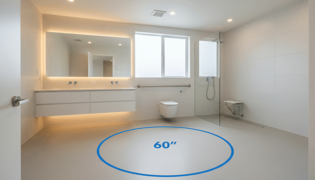 Spacious accessible bathroom layout showing clear turning radius