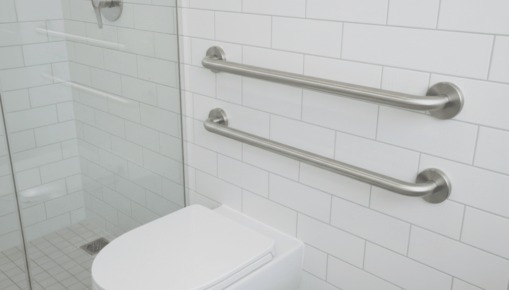 Stainless steel grab bars installed near toilet and shower in accessible bathroom