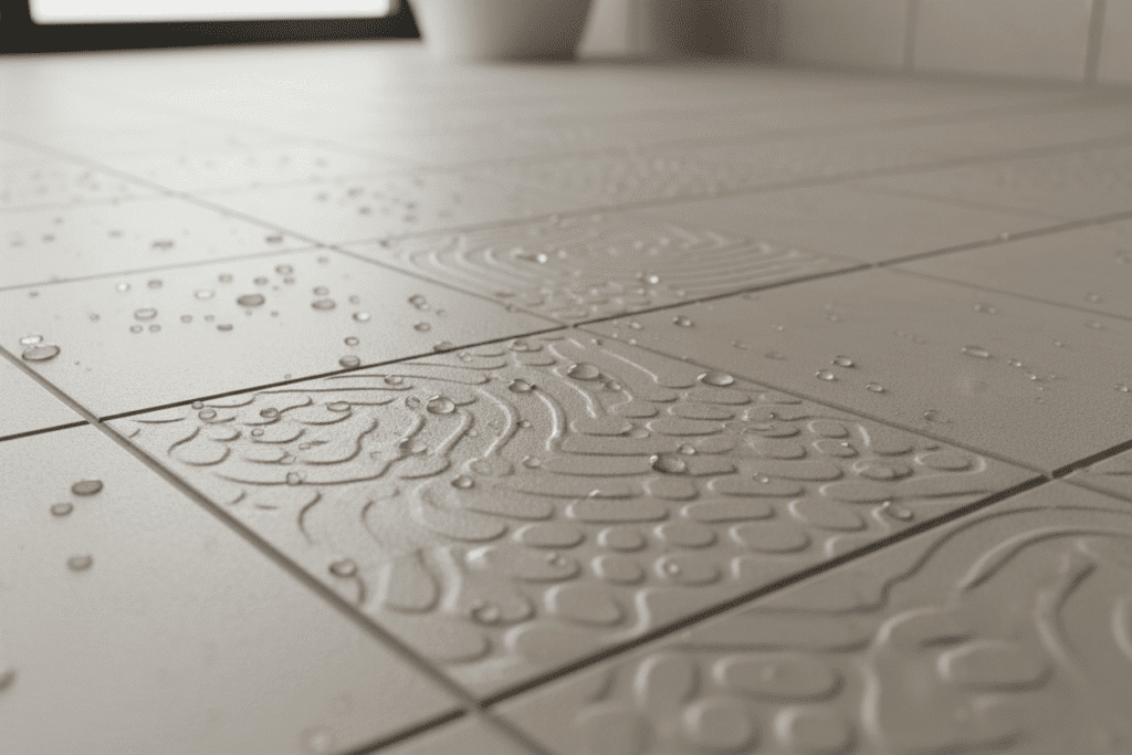 Textured non-slip floor tile in accessible ADU bathroom