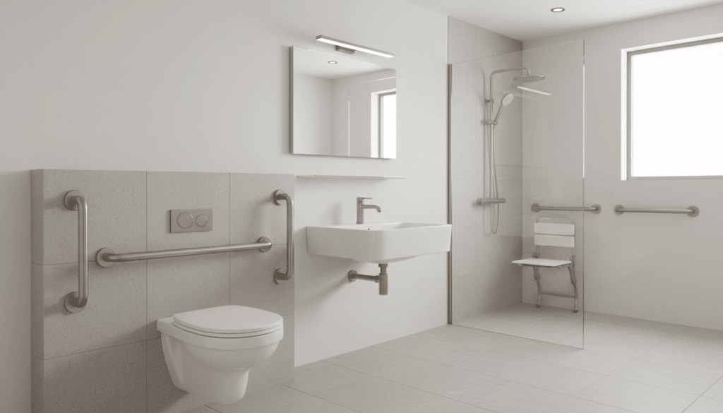 Wall-mounted accessible sink and toilet fixtures in ADU bathroom