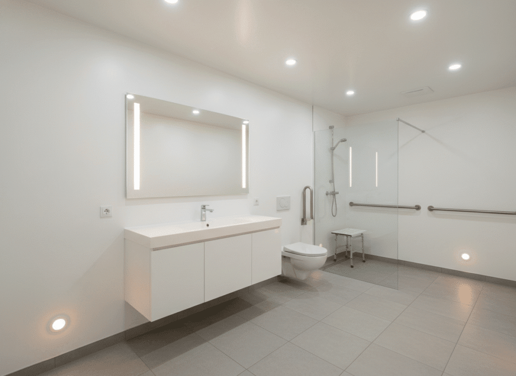 Well-lit accessible bathroom with multiple lighting sources