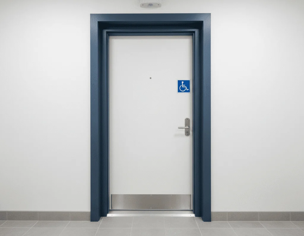 Wide accessible bathroom door with lever handle and low threshold