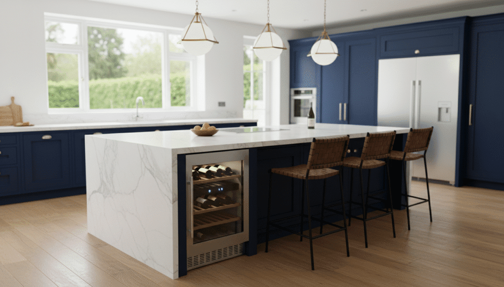 large kitchen island with seating and contrasting cabinetry