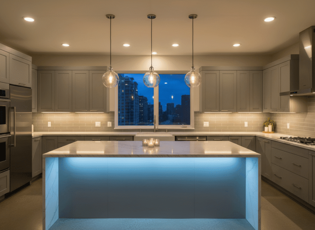 layered kitchen lighting with under cabinet and pendant fixtures