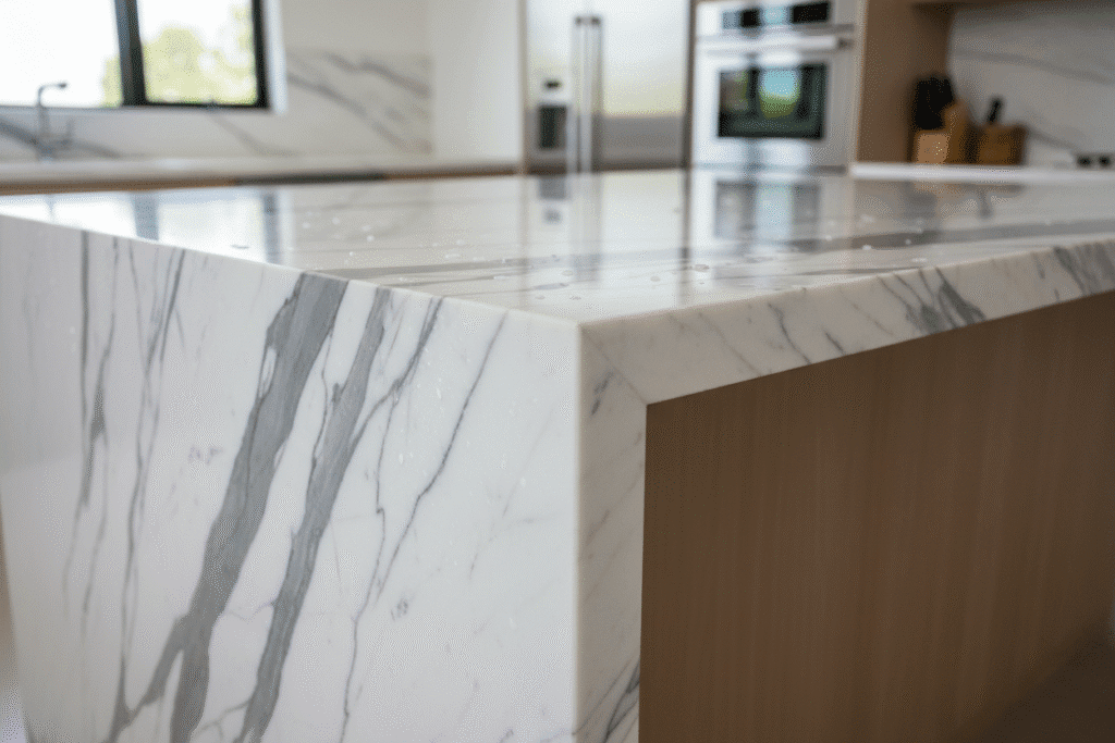 natural stone kitchen countertops with waterfall edge detail