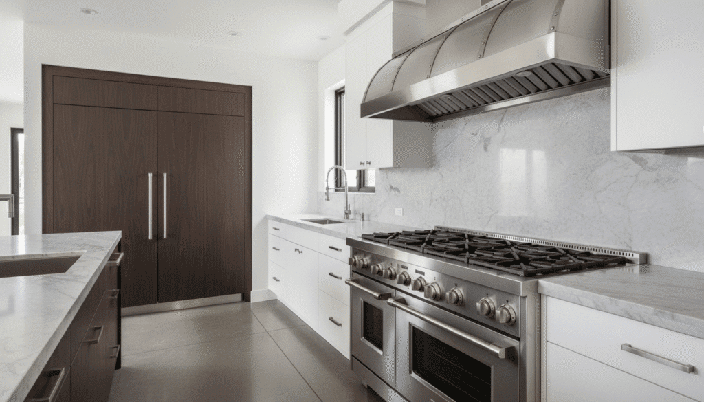 professional grade kitchen appliances including range and refrigerator