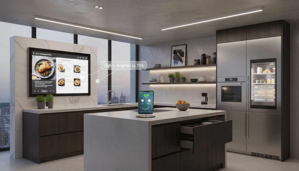 smart kitchen technology including touchscreen displays and app controls