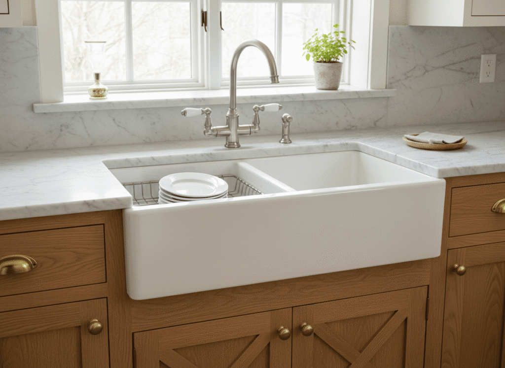 white farmhouse sink with bridge faucet in luxury kitchen