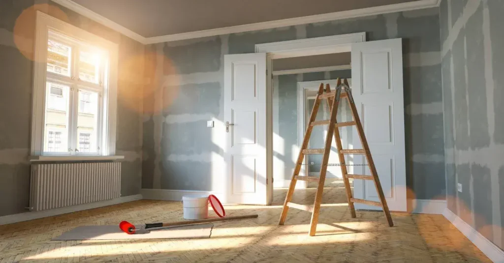 An unfinished room undergoing renovation with drywall installed and seams ready for painting. A wooden ladder, paint roller, and white bucket are set up by the window as sunlight pours into the space.